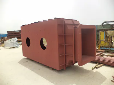 Rectangular steel duct section with stiffeners and round openings