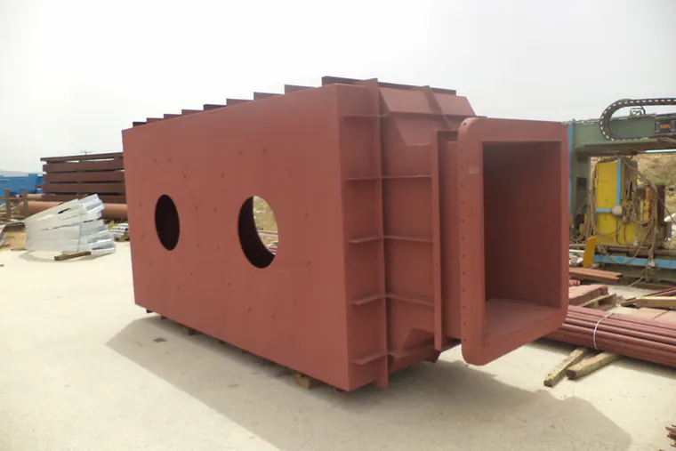 Rectangular steel duct section with stiffeners and round openings