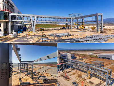 Three views of grey steel walkway frames at a building under construction: from the ground, from inside a frame and from the air