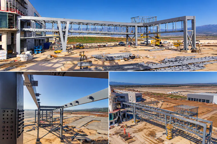 Three views of grey steel walkway frames at a building under construction: from the ground, from inside a frame and from the air