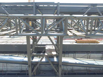 Close view of steel roof trusses and bracing