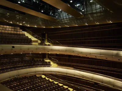 Auditorium seating tiers and balconies, seen from above