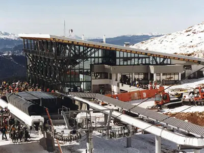 Ski centre building above a chairlift station in the snow